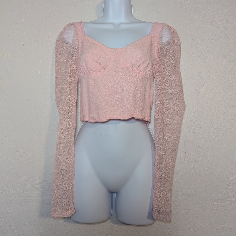 Pink Lace Long Bustier Crop Top Coquette Feminine Flirty Romantic Dainty Party M